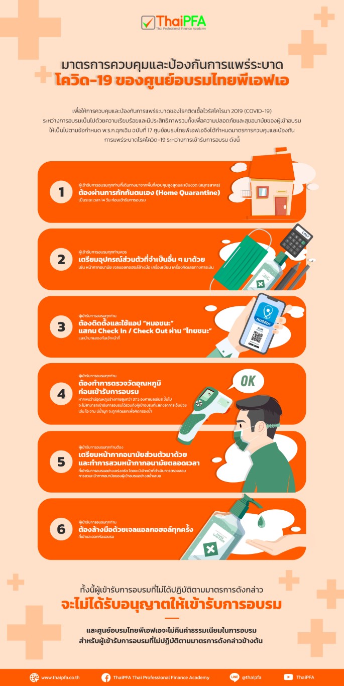 เพื่อให้การควบคุมและป้องกันการแพร่ระบาดของโรคติดเชื้อไวรัสโคโรนา 2019 (COVID-19) ระหว่างการอบรมของศูนย์อบรมไทยพีเอฟเอ (Thai Professional Finance Academy, ThaiPFA) เป็นไปด้วยความเรียบร้อยและมีประสิทธิภาพ รวมทั้งเพื่อความปลอดภัยและสุขอนามัยของผู้เข้าอบรมและบุคลากรของศูนย์อบรมไทยพีเอฟเอ และเพื่อให้เป็นไปข้อกำหนด พ.ร.ก.ฉุกเฉิน ฉบับที่ 17 ศูนย์อบรมไทยพีเอฟเอจึงได้กำหนดมาตรการควบคุมและป้องกันการแพร่ระบาดโรคโควิด-19 ระหว่างการเข้ารับการอบรมกับศูนย์อบรมไทยพีเอฟเอ ดังนี้ 1.	ผู้เข้ารับการอบรมทุกท่านที่เดินทางมาจากพื้นที่ควบคุมสูงสุดและเข้มงวด (สมุทรสาคร) ต้องผ่านการกักกันตนเอง (Home Quarantine) เป็นระยะเวลา 14 วัน ก่อนเข้ารับการอบรม 2.	ผู้เข้ารับการอบรมทุกท่านควรเตรียมอุปกรณ์ส่วนตัวที่จำเป็นอื่นๆมาด้วย เช่น หน้ากากอนามัย เจลแอลกอฮอล์ล้างมือ เครื่องเขียน เครื่องคิดเลขทางการเงิน  3.	ผู้เข้ารับการอบรมทุกท่านต้องติดตั้งและใช้แอป “หมอชนะ” 4.	ผู้เข้ารับการอบรมทุกท่านต้องทำการตรวจวัดอุณหภูมิก่อนเข้ารับการอบรม หากพบว่ามีอุณหภูมิร่างกายสูงกว่า 37.5 องศาเซลเซียส ขึ้นไป จะไม่สามารถเข้ารับการอบรมได้รวมถึงผู้เข้าอบรมที่แสดงอาการเจ็บป่วยเช่น ไอ จาม มีน้ำมูก จะถูกคัดแยกเพื่อคัดกรองซ้ำ 5.	ผู้เข้ารับการอบรมทุกท่านต้องสวมหน้ากากอนามัยตลอดเวลาที่เข้ารับการอบรมอย่างเคร่งครัด โดยจะมีเจ้าหน้าที่ดำเนินการตรวจสอบการสวมหน้ากากอนามัยของผู้เข้าอบรมอย่างสม่ำเสมอ  6.	ผู้เข้ารับการอบรมทุกท่านต้องล้างมือด้วยเจลแอลกอฮอล์ทุกครั้งที่เข้าและออกห้องอบรม	 ทั้งนี้ผู้เข้ารับการอบรมที่ไม่ได้ปฏิบัติตามมาตรการดังกล่าวจะไม่ได้รับอนุญาตให้เข้ารับการอบรมและศูนย์อบรมไทยพีเอฟเอจะไม่คืนค่าธรรมเนียมในการอบรมสำหรับผู้เข้ารับการอบรมที่ไม่ปฏิบัติตามมาตรการดังกล่าวข้างต้น 